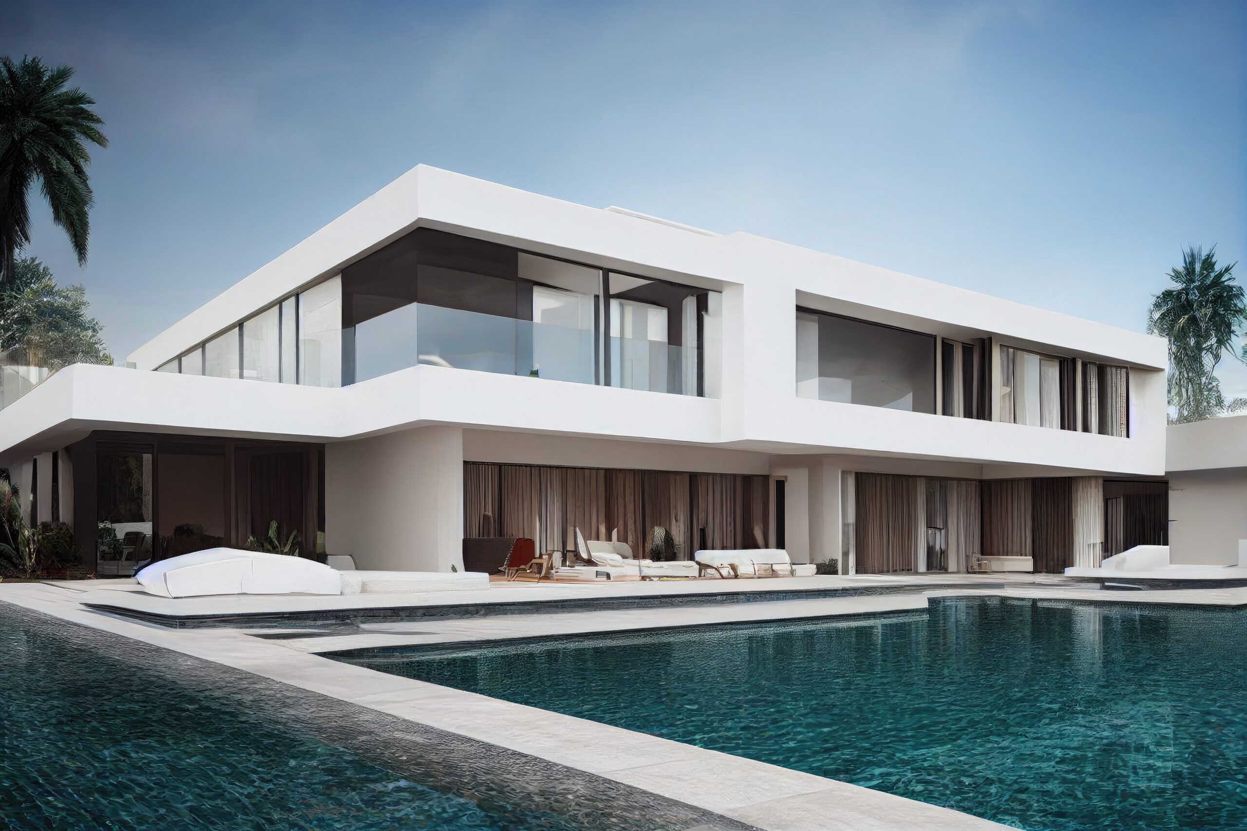 Luxury pool villa spectacular contemporary design digital art real estate , home, house and property, Generative AI illustration.